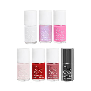 Olive &amp; June Long Lasting Nail Polish Set | Includes 6 Chip-Resistant Shades (Pink Goldfish, HD, Grateful &amp; Kind, CCT, LD, CV) + Top Coat | Vegan, Cruelty-Free | Salon-Quality at Home