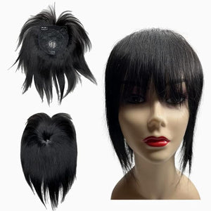 Anemone Thick Full Human Hair Topper For Women 14x14 cm Clip In Hairpieces With Doll Bangs Hair O Part Invisible Scalp Straight Wiglets for Mild Hair Loss (Black 10 inch)