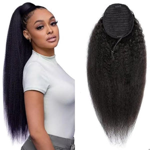 datanala Brazilian Remy Kinky Straight Ponytail Human Hair Extensions 16Inch Drawstring Ponytail Yanky Straight Human Hair Ponytail Clip in Hair Extensions Nature Black Color for Women