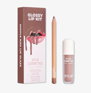 KYLIE Glossy Lip Kit contoured shades + glossy finish | Color Dolce K, a taupe nude - 2 piece Liner and Glaze Set 0.04oz Crayon | 0.10 fl oz Gloss