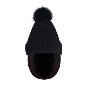 Women Caps with Hair Knit Beanie Cap with Extensions Short Straight Hairstyle Hat Wigs Winter Knitted hat bob Wig