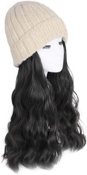 Woman Wig Winter Beanie Hat Wig Extension Long Wavy Curly Wig with Plush Knitted Hat Warm Wig