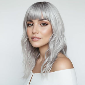 Silver Wigs for Women Ombre Grey Wavy Wig with Bangs Dark Roots Synthetic Hair Wig Medium Middle Length Bob Wig Water Wave Gray Colorful Wigs for Daily Party Cosplay Use (16 inch)