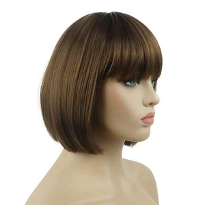 Lydell 8 Straight Short Bob Hair Flat Bangs Cute Central Dot Skin Top Heat Resistant Synthetic Wigs (Light Reddish Golden Brown)