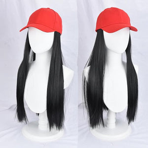 Baseball Cap with Attached Long Straight Black Hair Extension Wig 22 Inches Red Baseball Cap Adjustable Hat with Hair for Women