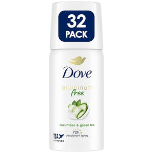 Dove Aluminum-Free Deodorant Travel-Size Spray 32-Pack ? Cucumber &amp Green Tea 1.1 Oz Ea