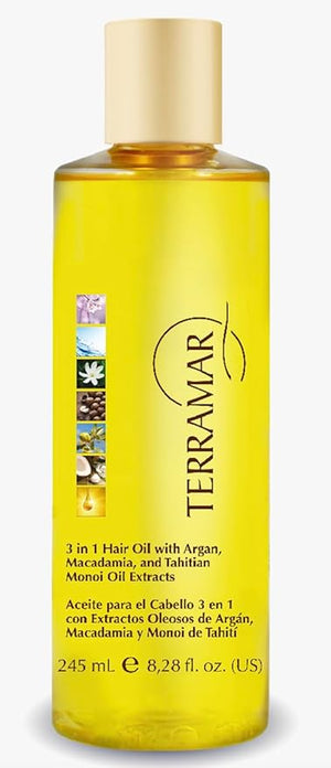 Teramar 3-in-1 Hair Oil with Argan Macadamia Tahitian Monoi Oil Extracts 8.28 fl oz 245 ml (Large)