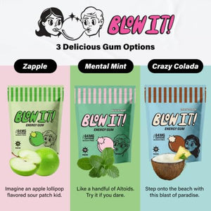 Blow It Gum - Caffeinated Xylitol Gum - Intensified Energy and Focus Boost Effect - Variety Pack in Mental Mint, Crazy Colada and Zapple Flavor - 3-Pack (30 Pieces)