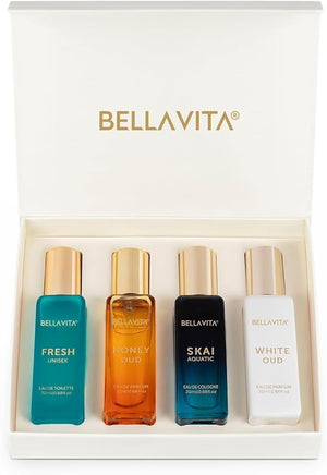 BellaVita Luxury Unisex Cologne Gift Set (4x20ml) | Fragrances Includes Honey OUD, SKAI, FRESH &amp; White OUD | Travel Size Mini Perfumes &amp; Spicy Vanilla Perfume Oil | Unisex Perfume for Women &a