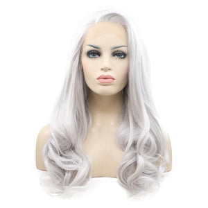 Silver Gray Lace Wigs For Women Body Wave Side Part Silver Grey Synthetic Lace Front Wigs 180% Density Half Hand Tied Heat Resistant Fiber Hair 24''