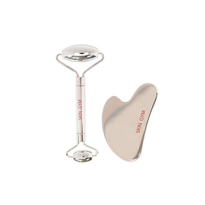 Skin Gym Silver Facial Roller and Gua Sha Tool Workout Skin Care Set for Wrinkles and Fine Lines - Anti Aging Face Lift Beauty Tool - Improve Skin Appearance and Achieve Radiant Glow
