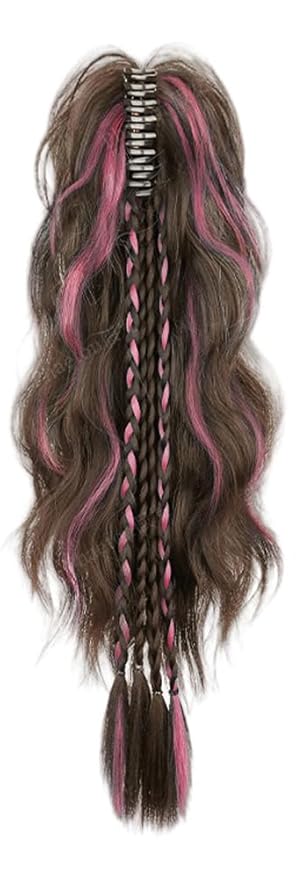 Ponytail Extension Claw Clip in Long Curly Wavy Ponytail Braids Hair Extension Synthetic Pony Tail Hairpiece (Brown Pink)