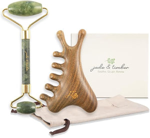 jade &amp timber Jade Roller &amp Green Sandalwood Gua Sha Set ? Facial &amp Body Massage Tools for Lymphatic Drainage &amp Sculpting - Self Care Gift