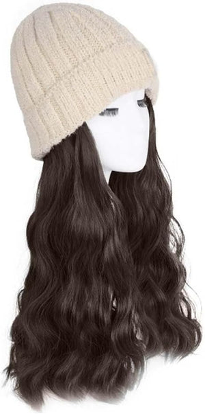 Woman Wig Winter Beanie Hat Wig Extension Long Wavy Curly Wig with Plush Knitted Hat Warm Wig