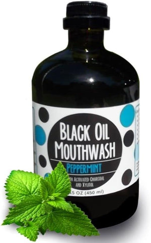 Coconut/Avocado/Sesame Oil Mouthwash Sweet &amp Delicious Peppermint with Charcoal &amp Xylitol for Oil Pulling 15 oz Black Oil Mouthwash Glass Bottle (Peppermint)