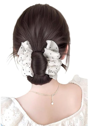 Low Bun Wig Clip on Chicken Feather Bun Hairpiece Natural Low Chignon Ponytail Hair Extensions for Women (Brownish Black White)