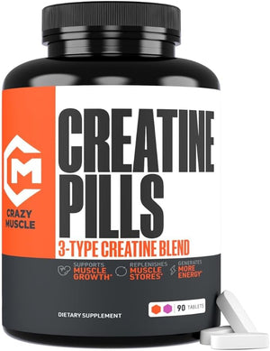 Crazy Muscle Creatine Pills 5g 3X Pure Creatine Monohydrate Pre Workout Muscle Mass Gainer High Absorption ThreeAtine Performance Men Women Tablets - 30 servings