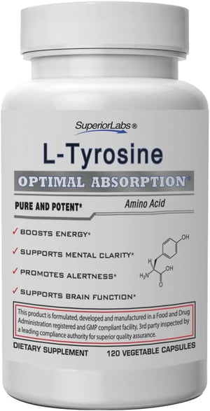 Superior Labs L-Tyrosine 500 mg Pure Non-GMO Nootropic Amino Acid High Absorption Mood &amp Focus Support Stress Relief Cognitive &amp Mental Clarity Thyroid &amp Alertness Support120 Veg Ca