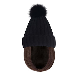 Women Caps with Hair Knit Beanie Cap with Extensions Short Straight Hairstyle Hat Wigs Winter Knitted hat bob Wig