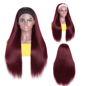 Ombre 1B99J Straight Headband Wig Burgundy Human Hair Headband Wig 130% Density Grade 8A Brazilian Remy Hair Machine Made Wigs Wine Red Color 12 Inch