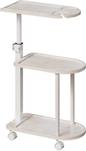 Bamboo 3-Layer Bathtub Tray Stand, Freestanding Rotating Caddy with Adjustable Height, Decorative Bathroom Shelf &amp; Indoor Plant Stand, Spa Organizer for Tub Side Use, Vintage White