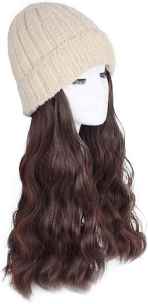 Woman Wig Winter Beanie Hat Wig Extension Long Wavy Curly Wig with Plush Knitted Hat Warm Wig