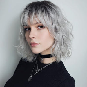 Short Silver Wigs for Women Ombre Grey Wavy Bob Wig with Bangs Medium Length Synthetic Hair Water Wave Dark Roots Wig Gray Colorful Wigs£¨14 Inches£©