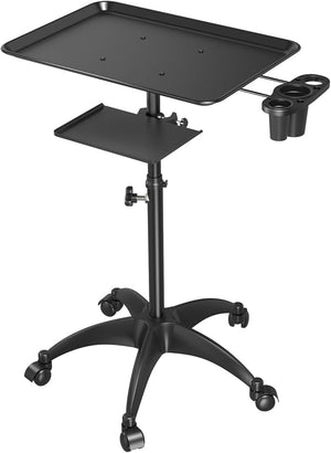 Salon Tray Cart with Storage Platform Aluminum Tattoo Tray with Wheels Trolley Adjustable Height Salon Tray Equipment Service Instrument Storage Tray Accessory for Salon &amp Spa Use Black