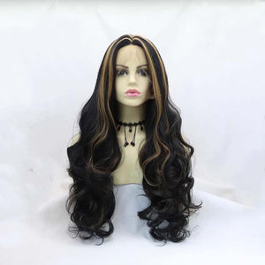 Natural Black/Brown Streaked Synthetic Black Lace Front Wigs For Women Hair Long Body Wavy Heat Resistant Fiber Wigs