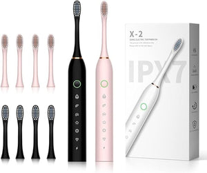 SUNPRO 2 Pack Sonic Electric Toothbrush for Adults 6 Modes for Deep Clean Include Smart Timer and 8 Heads (Black+Pink)