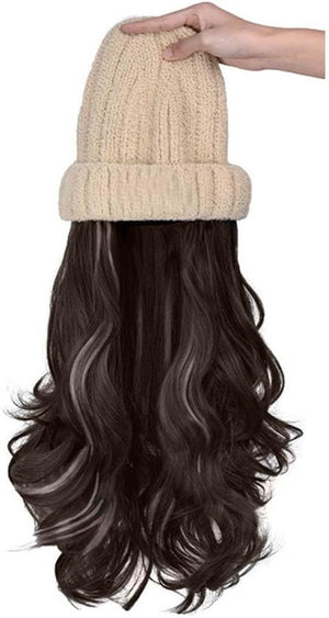 Woman Wig Winter Beanie Hat Wig Extension Long Wavy Curly Wig with Plush Knitted Hat Warm Wig