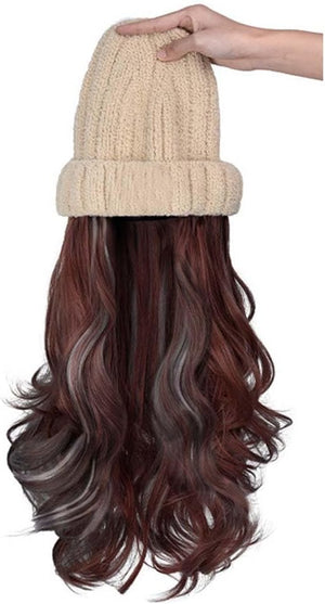 Woman Wig Winter Beanie Hat Wig Extension Long Wavy Curly Wig with Plush Knitted Hat Warm Wig