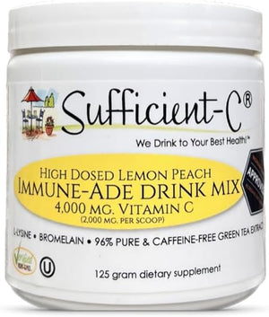 Sufficient-C High Dose Non-GMO Vitamin C Lemon Peach Immune-Ade Drink Mix Convenient 125 Gram Size w/L-lysine Bromelain &amp a Premium 96% Pure Green Tea Extract - Stomach Friendly Adrenal Support
