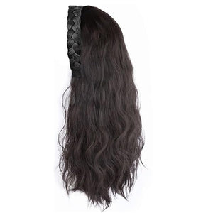 Natural Long Wavy Hair with Headband Fishbone Braid Hair Half Wig for Woman 18inch Body Wavy Curly Wigs (Brown black)