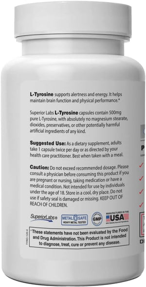 Superior Labs L-Tyrosine 500 mg Pure Non-GMO Nootropic Amino Acid High Absorption Mood &amp Focus Support Stress Relief Cognitive &amp Mental Clarity Thyroid &amp Alertness Support120 Veg Ca