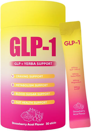 GLP-1 Drink Mix with Berberine Chromium 5-HTP Yerba Mate &amp Magnesium - Dual-Action Craving &amp Gut Health | Strawberry Acai FlavorVegan Sugar-Free Non-GMO 30 Packs