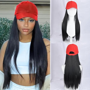 Baseball Cap with Attached Long Straight Black Hair Extension Wig 22 Inches Red Baseball Cap Adjustable Hat with Hair for Women