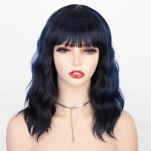 AISI HAIR Synthetic Wavy Bob Wig with Bangs Dark Blue 21-23 Inches