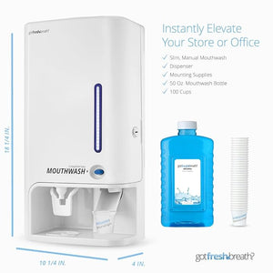 GotFreshBreath Commercial Mouthwash Dispenser with Cup Holder ? Standing or Wall-Mounted Slim Commercial Mouthwash Dispenser with 100 Cups &amp 50 Oz. Alcohol-Free Mouthwash (White)