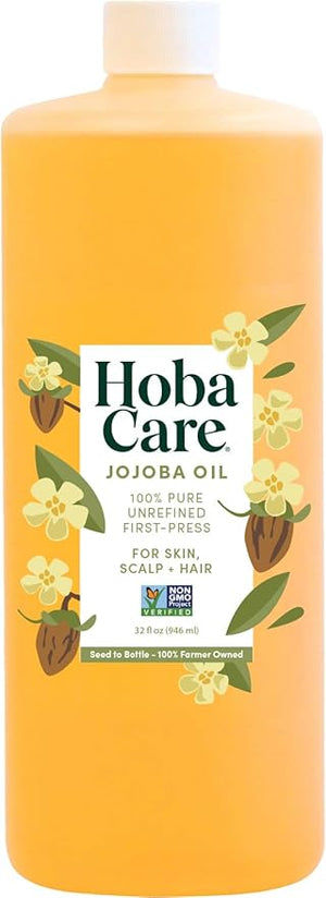 HobaCare Unrefined Jojoba Oil for Skin Care Hair Beard Conditioning Scalp Massage - 100% Pure Carrier Oil for Perfume or Soap Making - Natural Vegan Hexane Free Long Shelf Life (32 oz)