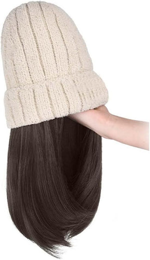 Woman Wig Winter Beanie Hat Wig Extension Long Wavy Curly Wig with Plush Knitted Hat Warm Wig