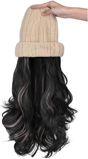 Woman Wig Winter Beanie Hat Wig Extension Long Wavy Curly Wig with Plush Knitted Hat Warm Wig