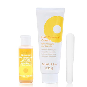 Hair Removal Cream (8.1 OZ / 230g) and Premium Hair Minimizing Lotion (3.52 FL. OZ / 100mL) with Pineapple and Soymilk for Sensitive Skin, Made in Japan