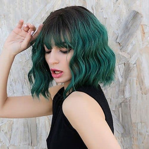 THEMIS HAIR Short Wigs With Bangs Colored Green Wavy Bob Wig Synthetic Curly Cosplay Wigs For Women(12inch, Green)