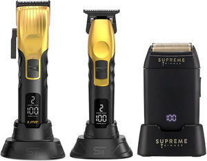 Supreme Trimmer 3-in-1 Barber Bundle | 2Spee Clipper 2Spee Trimmer &amp Crunch Foil Shaver | Professional Beard Trimmer Men¡¯s Hair Clipper Kit | (Gold)