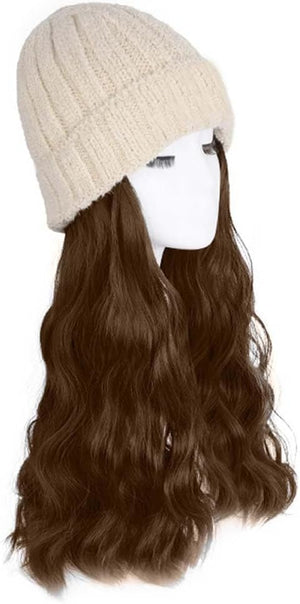 Woman Wig Winter Beanie Hat Wig Extension Long Wavy Curly Wig with Plush Knitted Hat Warm Wig