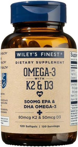 Wiley's Finest Wild Alaskan Fish Oil Vitamin K2 &amp D3 Softgels - 500mg of EPA and DHA Omega-3s for Bone and Heart Health Support - 120 Softgels (120 Servings)