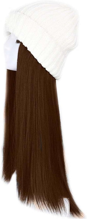 Woman Wig Winter Beanie Hat Wig Extension Long Wavy Curly Wig with Plush Knitted Hat Warm Wig