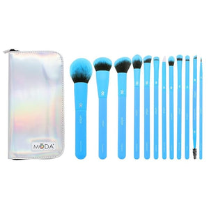 MODA Totally Electric Neon Blue Full Face Makeup Brush Kit ? 13pc Vibrant Brush Set for Face &amp Eyes with Zip Case