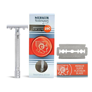 MERKUR 25C Double Edge Safety Razor in Bright Chrome with an Open Comb Design Long Handle Made in Germany Plastic-Free Three-Piece Design and Straight Bar